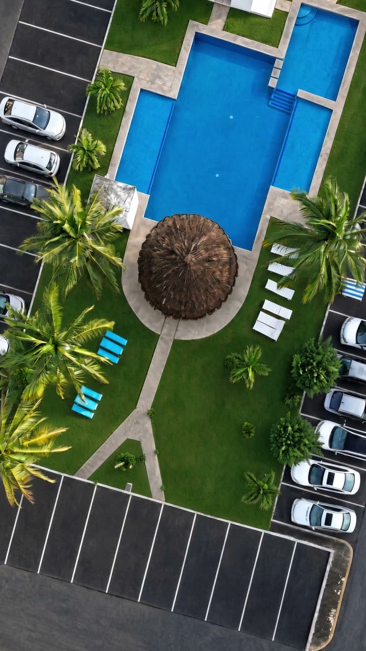 Vista aérea de un condominio residencial con alberca en la Riviera Maya
